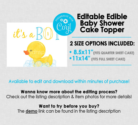 Editable Edible Rubber Duck Baby Shower It's a Boy Cake Topper - EDITABLE INSTANT DOWNLOAD - Rubber Ducky Baby Shower, Cake Topper Design