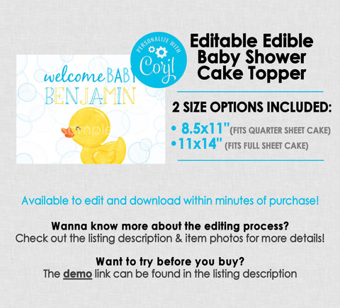 Editable Edible Rubber Duck Baby Shower Welcome Baby Cake Topper - EDITABLE INSTANT DOWNLOAD - Rubber Ducky Baby Shower, Cake Topper Design