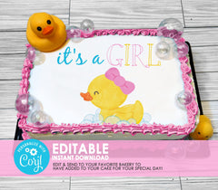 Editable Edible Pink Rubber Duck Baby Shower It's a Girl Cake Topper - EDITABLE INSTANT DOWNLOAD - Girl Rubber Ducky Baby Shower Cake Top