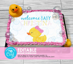 Editable Edible Girl Rubber Duck Baby Shower Welcome Baby Cake Topper - EDITABLE INSTANT DOWNLOAD - Girl Rubber Ducky Baby Shower Cake Top