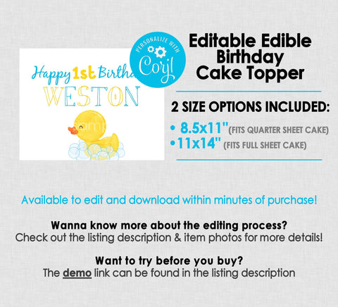 Editable Edible Rubber Duck Personalized Birthday Cake Topper - EDITABLE INSTANT DOWNLOAD - Boy Rubber Ducky Birthday, Cake Topper Design