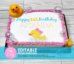 Editable Edible Girl Rubber Duck Happy Birthday Personalized Cake Topper - EDITABLE INSTANT DOWNLOAD - Girl Rubber Ducky Birthday, Pink Duck