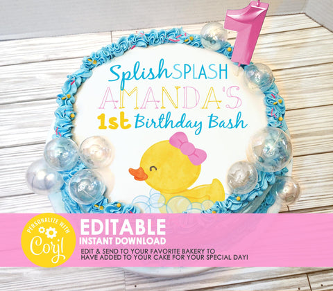 Editable Edible Girl Rubber Duck Birthday Personalized Round Cake Topper - EDITABLE INSTANT DOWNLOAD - Boy Rubber Ducky Birthday, Girl Duck