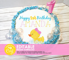 Editable Edible Girl Rubber Duck Happy Birthday Personalized Round Cake Topper - EDITABLE INSTANT DOWNLOAD - Girl Rubber Ducky Birthday Cake