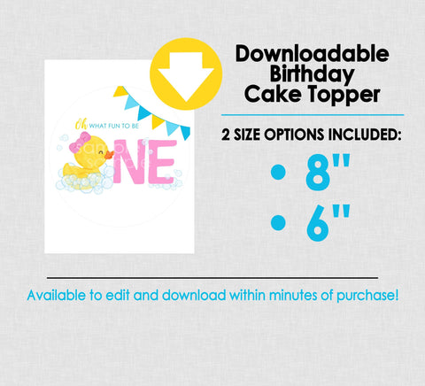 Downloadable Edible Girl Rubber Ducky Oh What Fun Round Birthday Cake Topper - INSTANT DOWNLOAD - Pink Rubber Ducky 1st Birthday Cake Topper