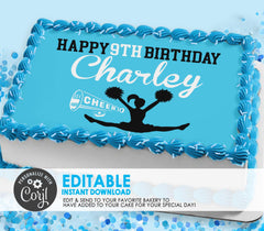 Editable Edible Blue Cheerleader Personalized Birthday Cake Topper - EDITABLE INSTANT DOWNLOAD -  Cheerleader Birthday,  Cheer Leader Cake