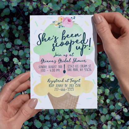 Scooped Up Watercolor Ice Cream Bridal Shower Invitation (Editable Digital Download)