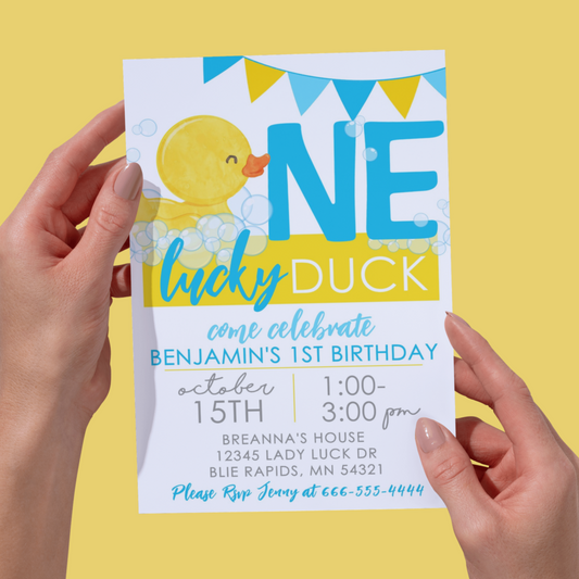 White One Lucky Duck Rubber Ducky Birthday Invitation | EDITABLE DIGITAL DOWNLOAD