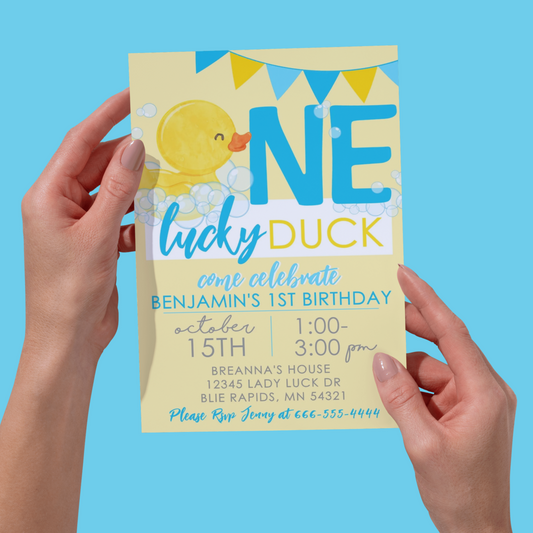 Yellow One Lucky Duck Rubber Ducky Birthday Invitation | EDITABLE DIGITAL DOWNLOAD