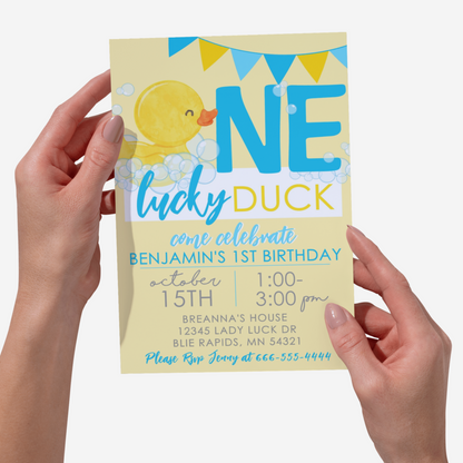 Yellow One Lucky Duck Rubber Ducky Birthday Invitation | EDITABLE DIGITAL DOWNLOAD