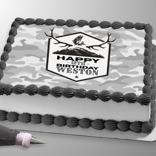 Birthday cake with camouflage pattern and personalized text on a white background