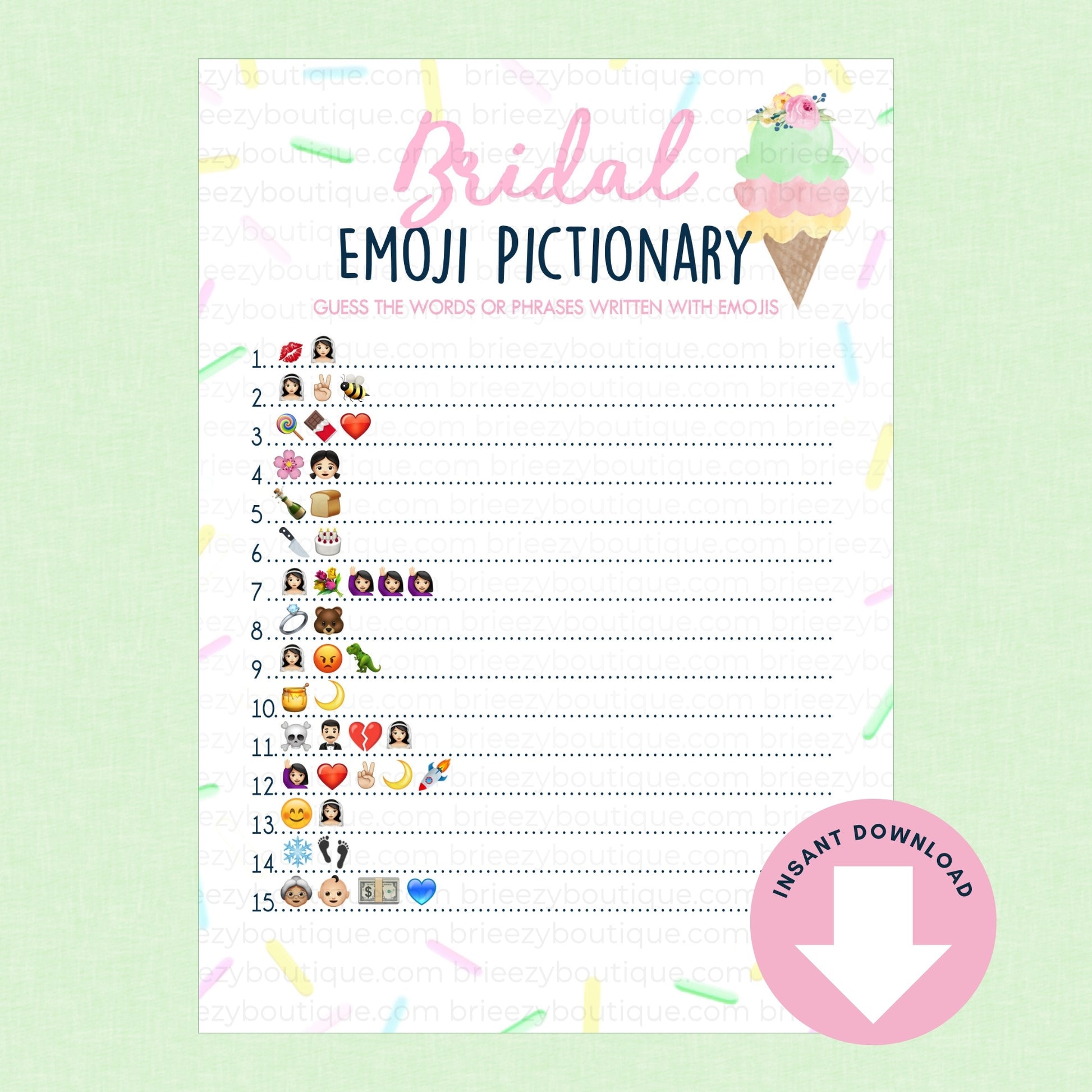 Bridal emoji pictionary game sheet on a light green background with ice cream emoji Scooped up bridal shower game