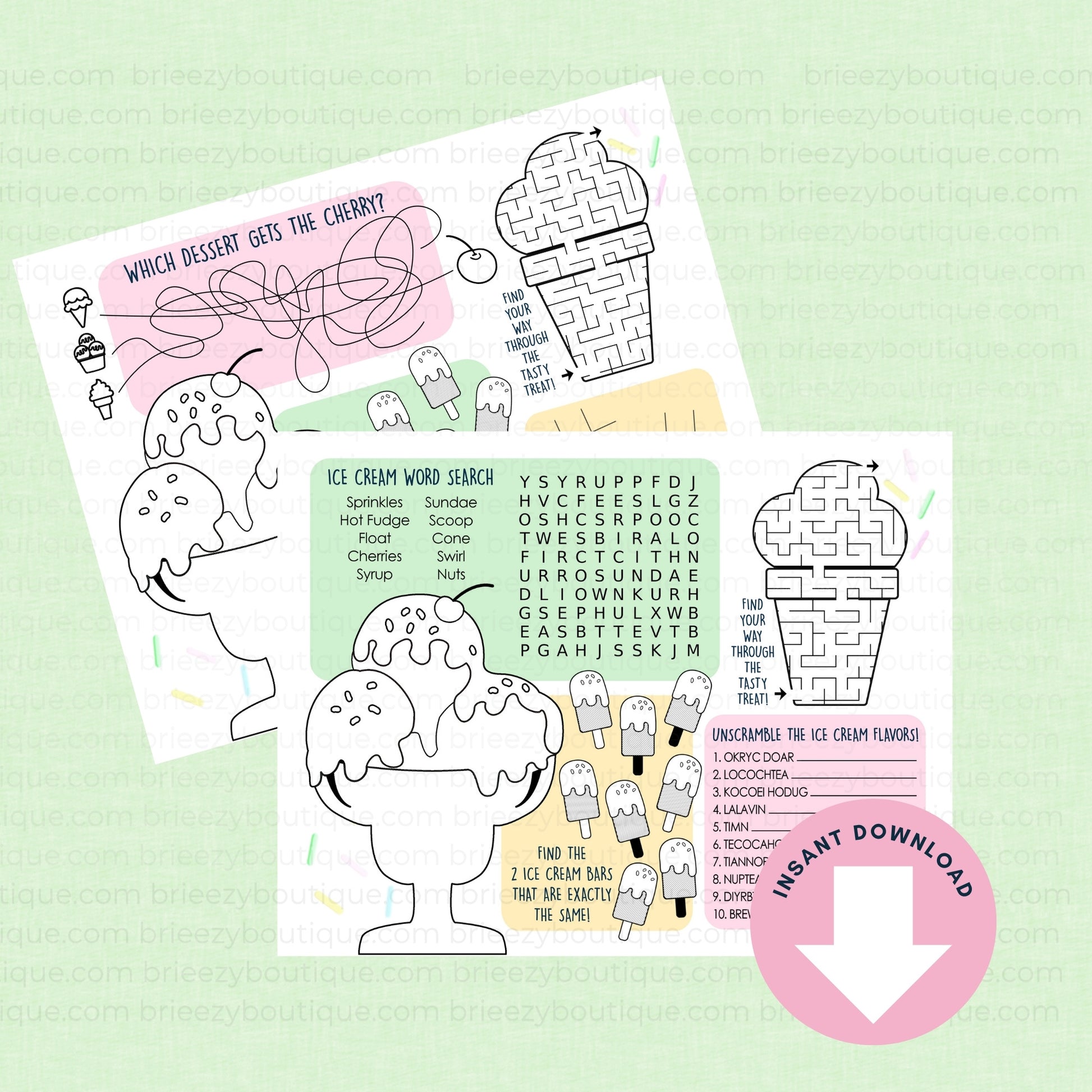 Ice cream-themed activity sheets with maze, word search, and coloring pages on a light green background.