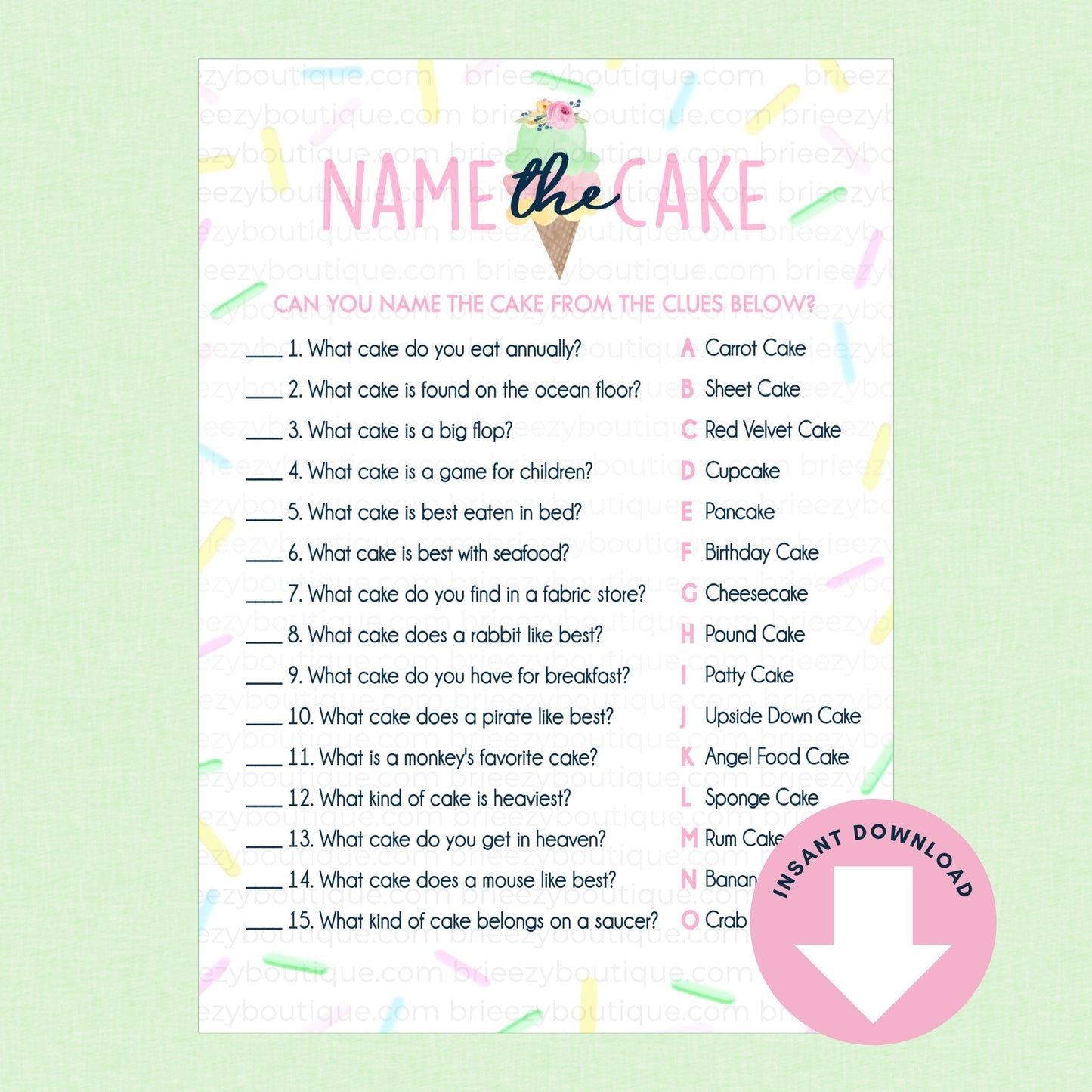 Game sheet titled 'Name the Cake' with ice cream cone graphic on a light green background