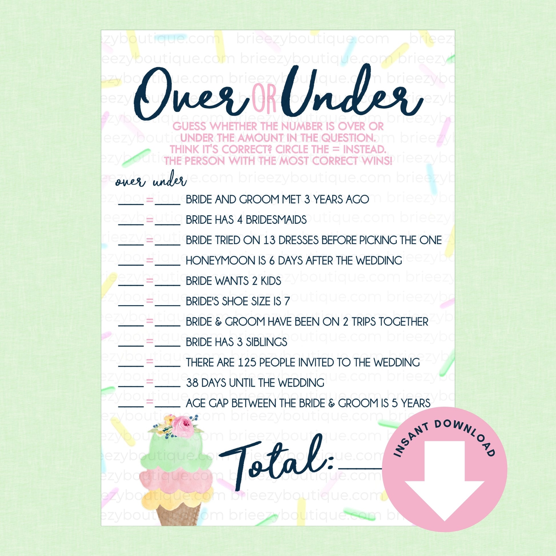 Wedding game sheet titled 'Over or Under' with a pink ice cream cone graphic on a light green background.