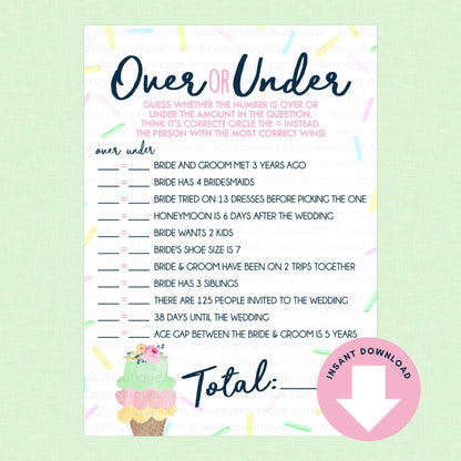 Wedding game sheet titled 'Over or Under' with a pink ice cream cone graphic on a light green background.