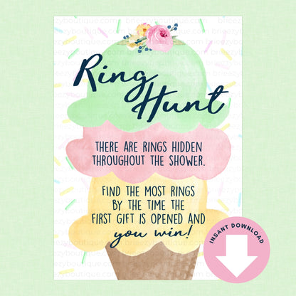 Invitation card for a ring hunt game with ice cream cone design on a light green background.