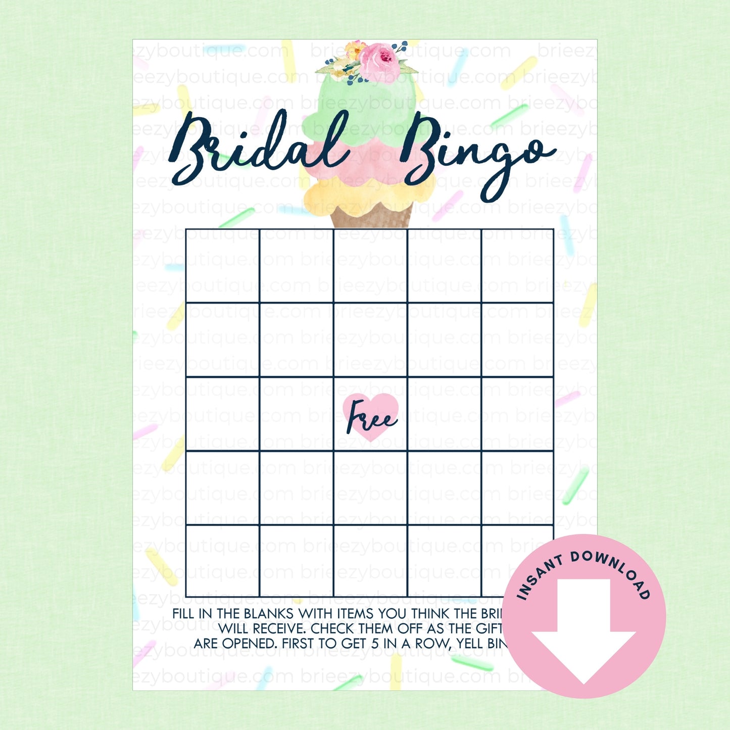 Bridal Bingo game sheet with a sprinkle ice cream design on a light green background
