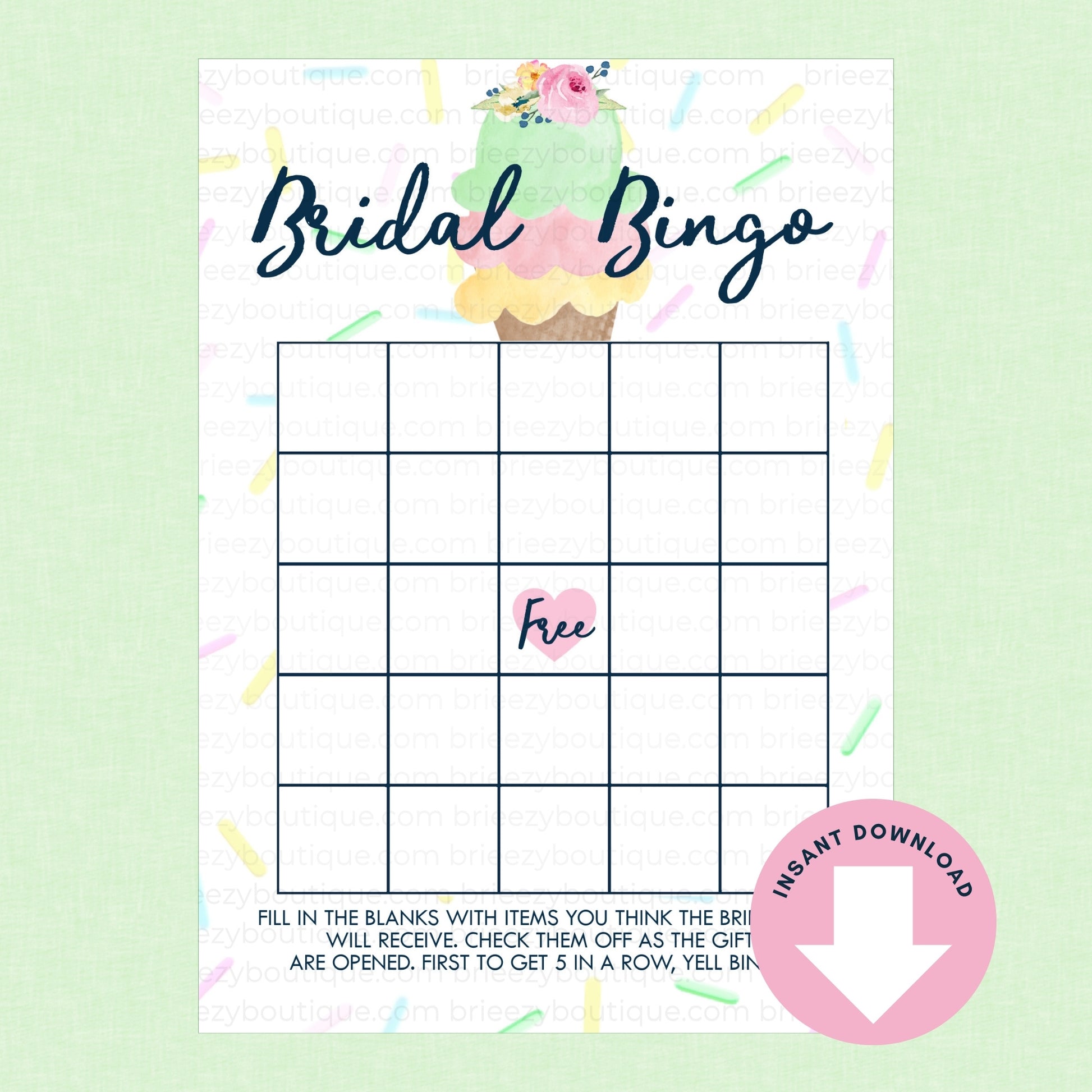 Bridal Bingo game sheet with a sprinkle ice cream design on a light green background