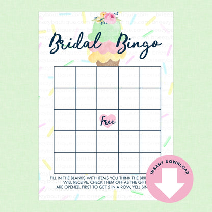Bridal Bingo game sheet with a sprinkle ice cream design on a light green background