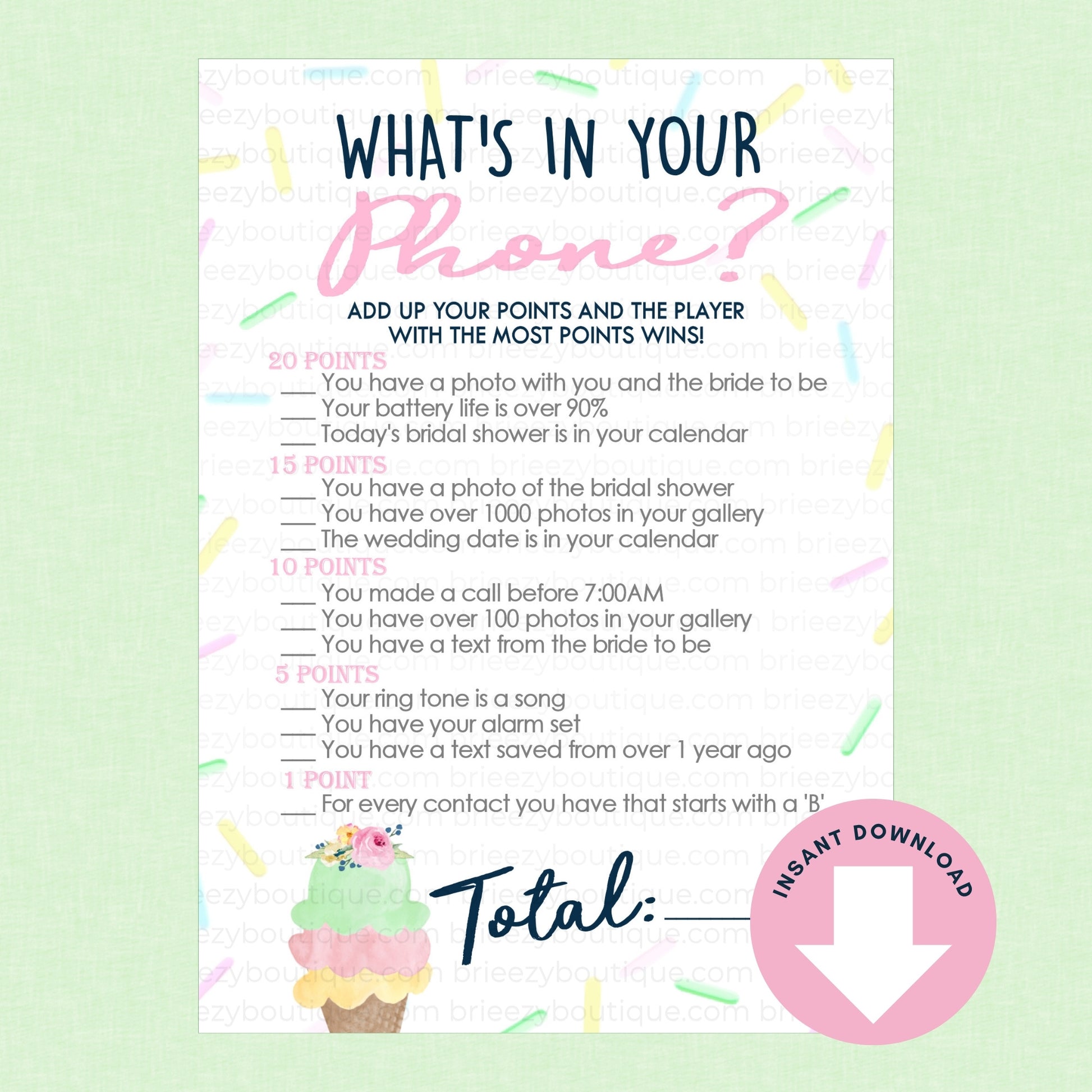 What is your phone Scooped up bridal shower game