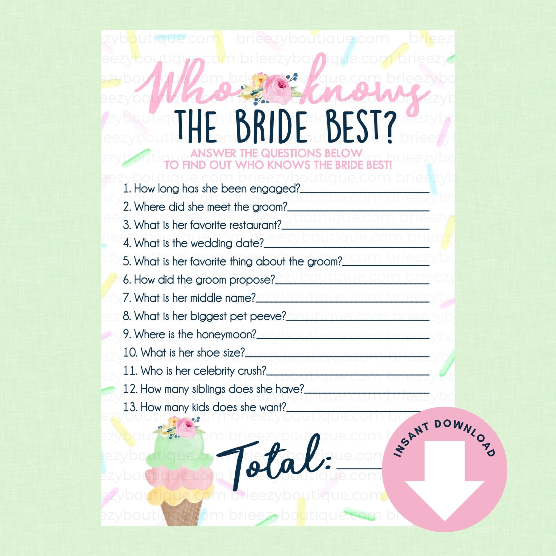 Bridal shower game sheet titled 'Who Knows the Bride Best?' on a light green background with a pink download icon.