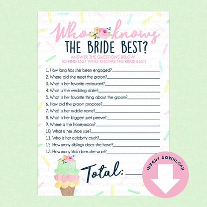 Bridal shower game sheet titled 'Who Knows the Bride Best?' on a light green background with a pink download icon.