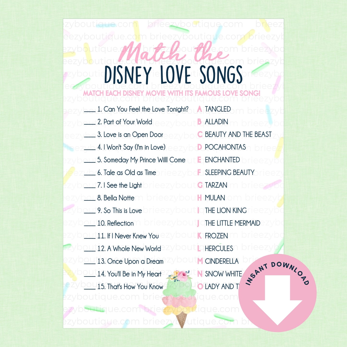 Disney love songs Scooped up bridal shower game