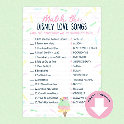 Disney love songs Scooped up bridal shower game