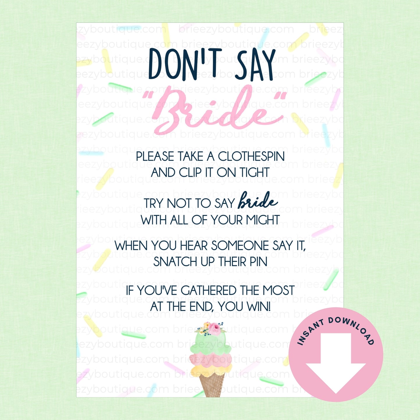 Game card for a bridal shower with text and a colorful design on a light green background.