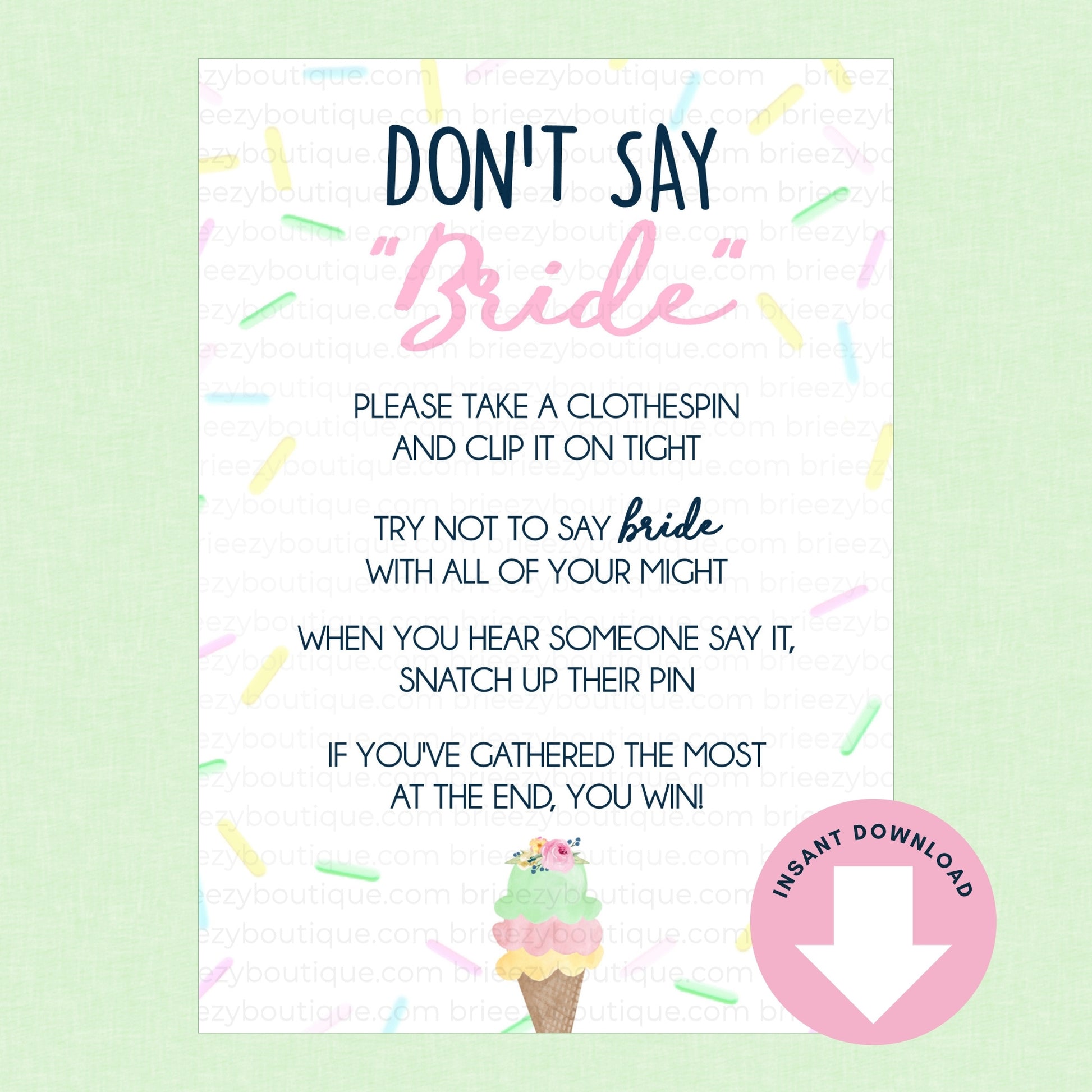 Game card for a bridal shower with text and a colorful design on a light green background.