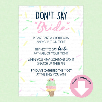 Game card for a bridal shower with text and a colorful design on a light green background.