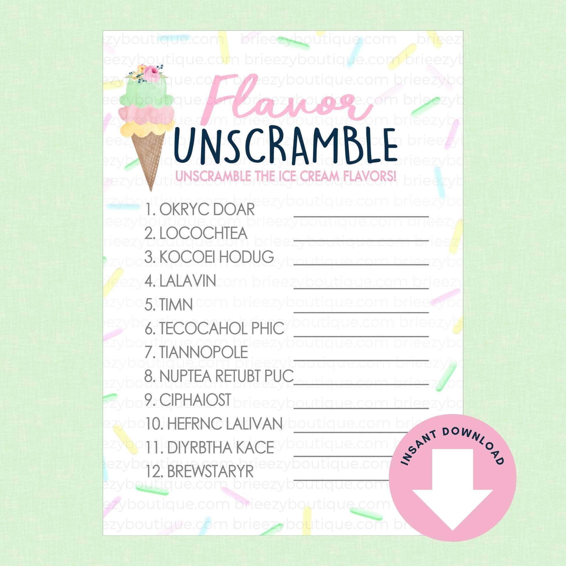 Flavor Unscramble game sheet with ice cream cone illustration on a light green background