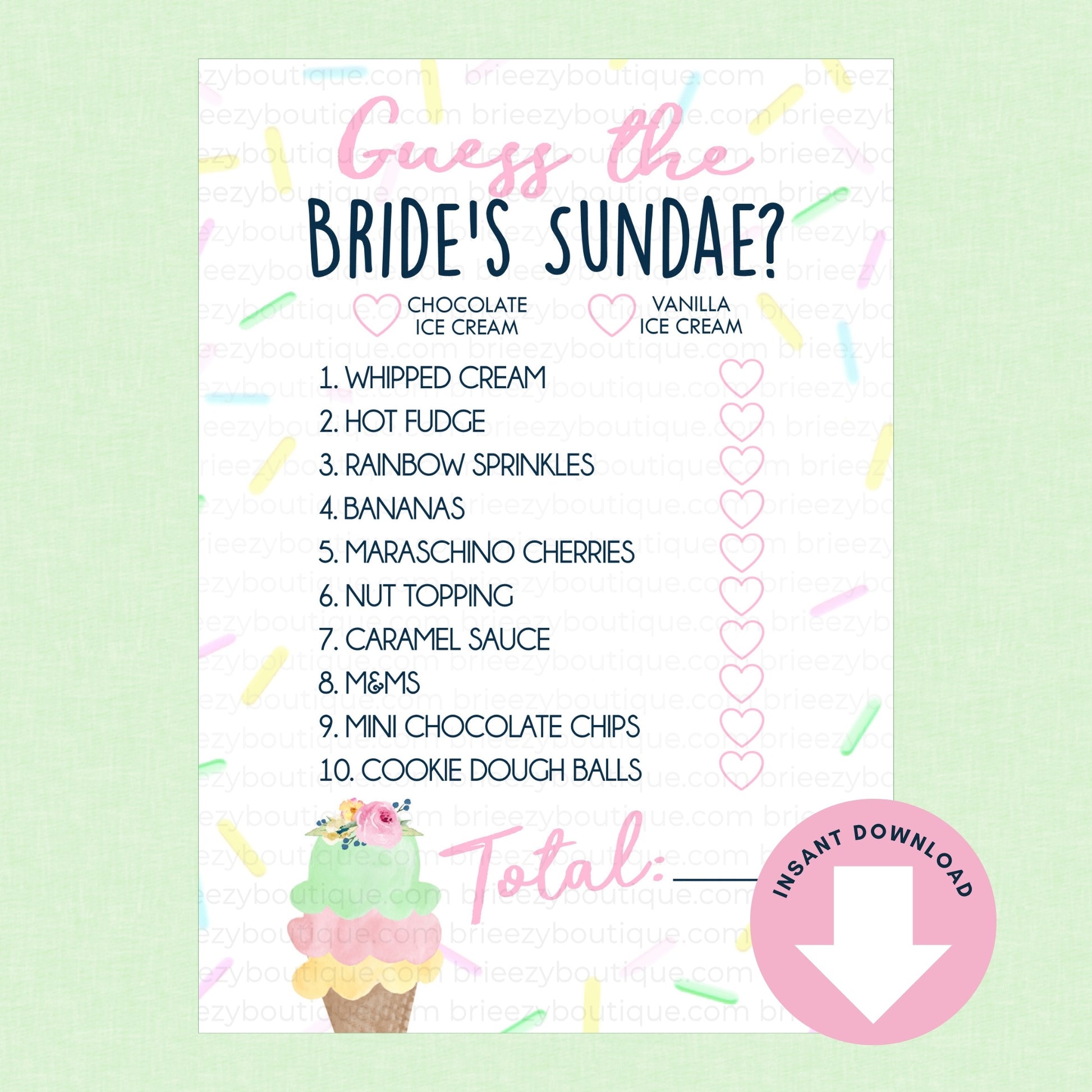 Bride's Sundae game card with ice cream-themed text and graphics on a light green background.